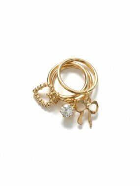 Francesca's Girly Icons Gold Tone Heart Bow Crystal Charm Ring Set 3pc Size‎ 8